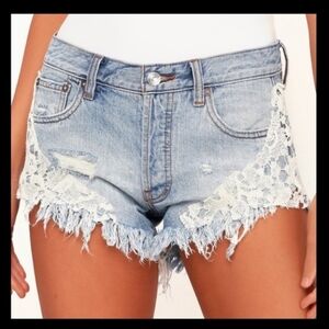 Free People Blue Lace Trim Denim Shorts
